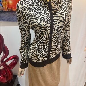St. John Black Gold metallic Jacket animal Print Blazer L 12